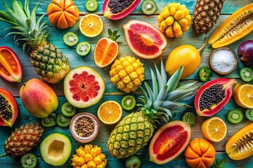 Vibrant Tropical Fruit Assortment: Flat Lay Drone Photography