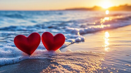 Fototapeta premium A romantic Valentine's Day scene featuring two red hearts on sparkling snow at sunset, complete with bokeh lights and a blurred winter background, perfect for greeting cards and designs
