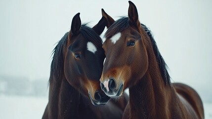 Fototapeta premium Two horses with intertwined necks, their bond captured in a soft, loving embrace, framed against a clean white background 
