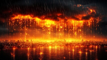 Over a night cityscape, a glowing digital cloud releases binary code, symbolizing the essence of cloud computing and data transfer in modern tech infrastructure. Futuristic concept