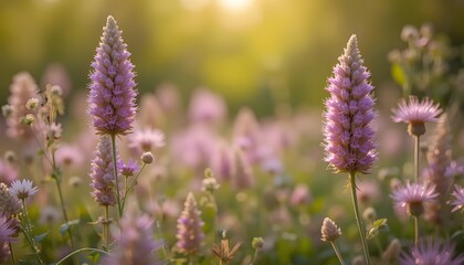 Obraz premium Beautiful Blooming Flax Flowers in a Dreamy Summer Landscape with Copy Space