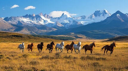 Obraz premium View of beautiful horses riding free across the valley with mountain range in background 