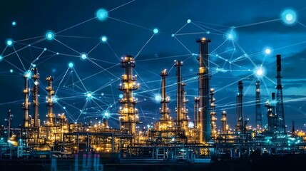 A city skyline with many buildings and a lot of lights. The lights are connected to each other and the buildings