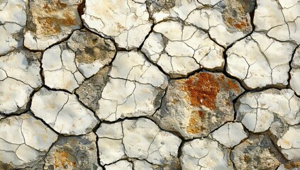 Obraz premium The white wall, marred by deep cracks, reveals significant structural damage and weathering. The natural pattern of these fissures forms abstract geometric shapes