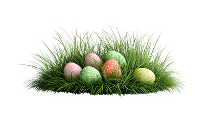 PNG, Easter, colored eggs on green grass, isolated on white background, created with Generative AI technology