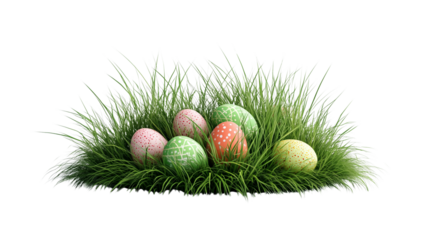 PNG, Easter, colored eggs on green grass, isolated on white background, created with Generative AI technology