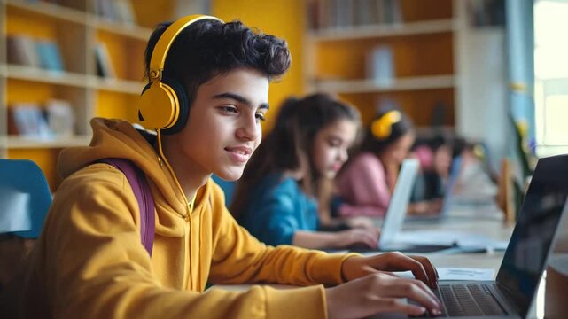A cheerful teenage student wearing a yellow hoodie and matching headphones is engaged in learning on a laptop in a modern study environment. Surrounded by classmates, he enjoys a productive 