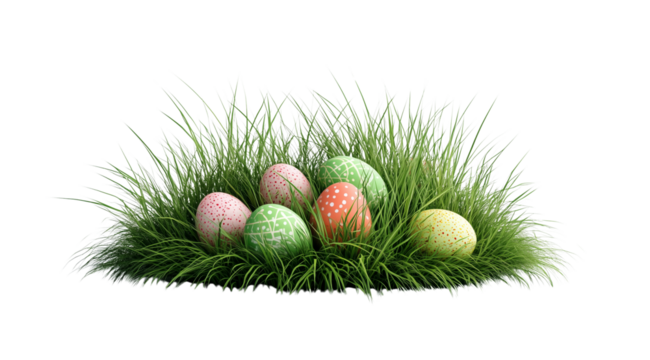 PNG, Easter, colored eggs on green grass, isolated on white background, created with Generative AI technology