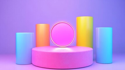 The abstract architectural space features dynamic geometric columns in a spectrum of colors, complemented by dramatic lighting and a reflective floor in pink, purple, yellow, and blue shades