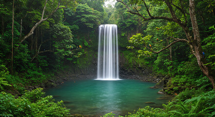 Majestic forest waterfall surrounded by lush greenery and flowing stream