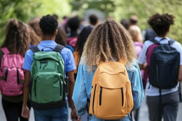 Multiracial students heading to school together with backpacks in rear view perspective