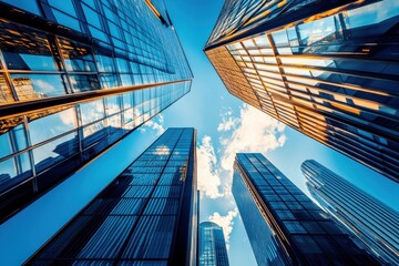 High-rise office buildings and reflective skyscrapers shining under the sunny sky