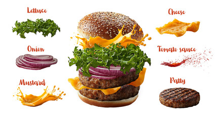 PNG, Burger ingredients, ready burger, isolated on white background, designed and generated by AI technology.