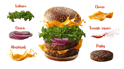 PNG, Burger ingredients, ready burger, isolated on white background, designed and generated by AI technology.