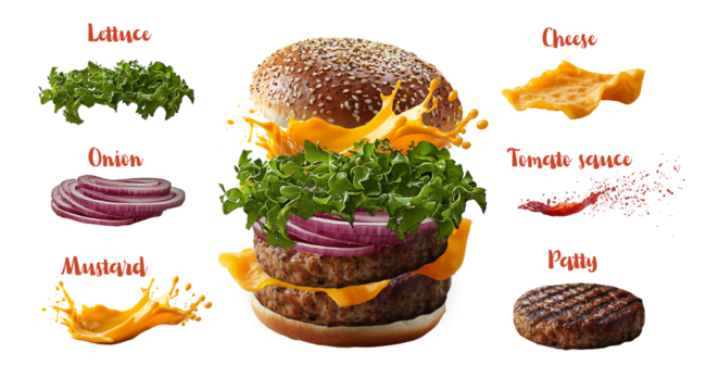 PNG, Burger ingredients, ready burger, isolated on white background, designed and generated by AI technology.