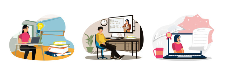 Fototapeta premium Young students take online educational courses or training using laptops from home.