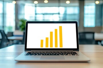 Productivity workflow execution concept. Laptop displaying a rising bar graph on a wooden desk in a modern office environment.