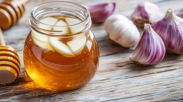 Garlic medicine and herbal remedy concept. Jar of honey with garlic cloves on a rustic wooden surface.