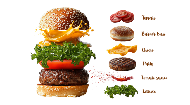 PNG, Burger ingredients, ready burger, isolated on white background, designed and generated by AI technology.