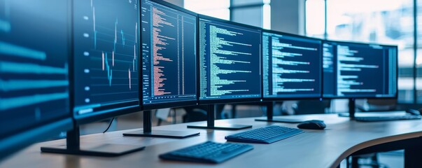 Data analytics and prediction concept. High-tech workstation with multiple monitors displaying code and data analytics.