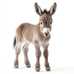 Fototapeta premium A baby donkey standing shyly, large ears detailed, soft lighting, full-body shot, white background. 