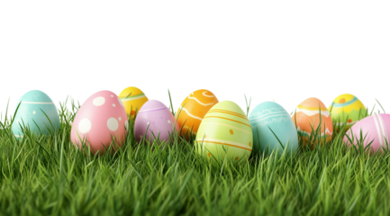 PNG, Easter, colored eggs on green grass, isolated on white background, created with Generative AI technology