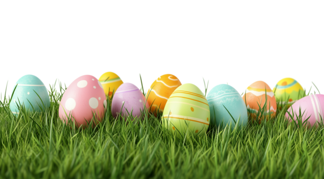 PNG, Easter, colored eggs on green grass, isolated on white background, created with Generative AI technology