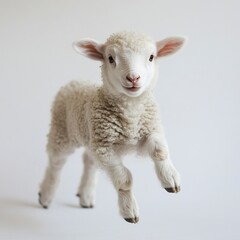 Fototapeta premium A baby lamb hopping playfully, frozen motion, soft even lighting, full-body shot, white backdrop. 