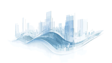 The image is a digital illustration depicting an abstract cityscape. The skyline is rendered in shades of light blue, with buildings represented by vertical lines of varying heights.  A stylized,