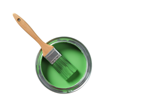  a paint can filled with green paint, with a paintbrush resting across the top of the can and dipped into the paint. 