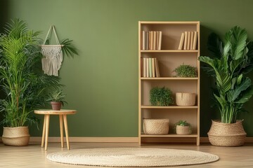 Earthy Green Room Decor Wooden Bookcase Plants