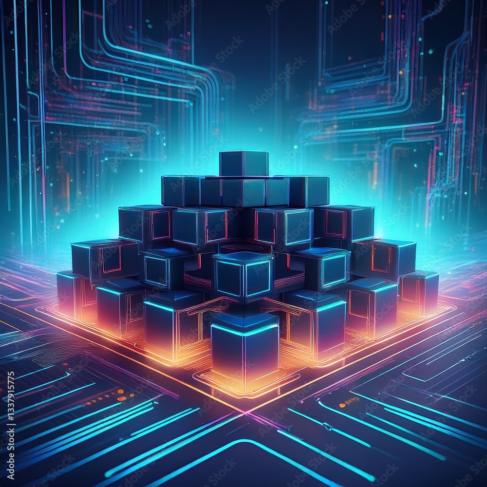 Poster futuristic metaverse digital cubes block technology network connection concept,