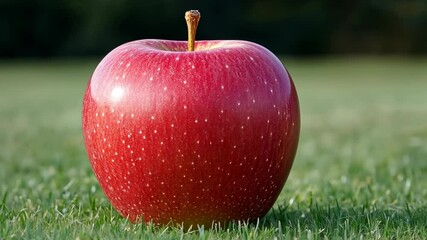 Bright red apple resting on lush green grass under clear sky during sunny day in a natural setting - Powered by Adobe