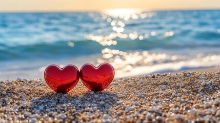 Fototapeta premium Against a backdrop of sparkling snow and bokeh lights at sunset, two red hearts create a romantic scene, ideal for Valentine's Day greeting cards and designs