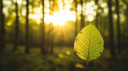 Obraz premium A single leaf in focus amidst a tranquil forest, sunlight weaving through trees, evoking harmony and natural beauty.