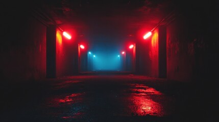Obraz premium Dark, mysterious underpass with red and blue neon lights, wet floor.