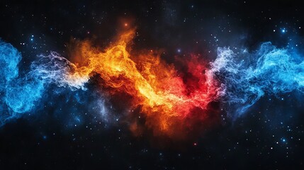 Obraz premium An abstract artwork with lively swirls of orange, blue, red, and black paint, creating a dynamic marble pattern against a dark backdrop, evoking a cosmic nebula