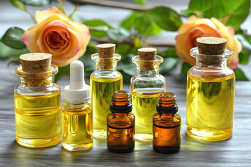 Rose essential oil bottles on wood. Spa background