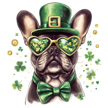 A blacl french billdog at St patrick's day dressed as a leprechaun in green hat, bowtie and glasses