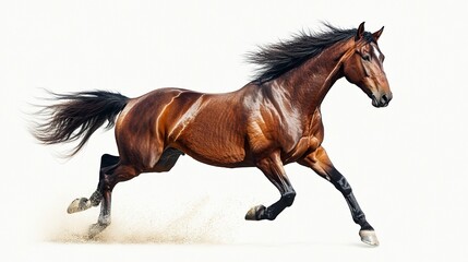 Obraz premium A beautifully detailed side-profile of a galloping horse, its muscles tensed and energy radiating, with its striking form isolated against a crisp white backdrop 