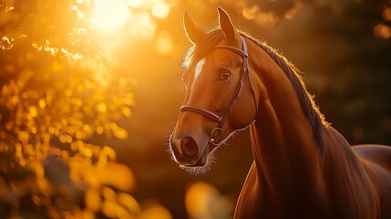 Obraz premium A beautifully lit portrait of an old showjumping Trakehner, the golden hues of the setting summer sun highlighting its strong, elegant features