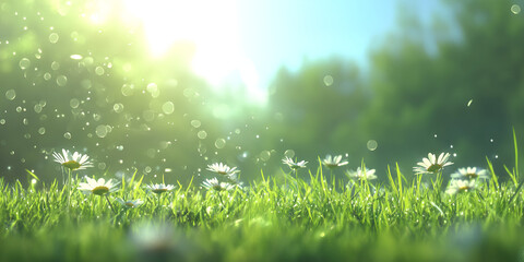Obraz premium Spring Meadow with Daisies and Green Grass in Morning Light
