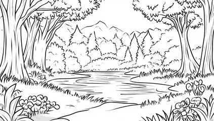 Fototapeta premium Serene Black And White Landscape Drawing Of A Calm River And Lush Mountains