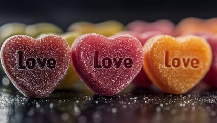 Obraz premium Bright candy hearts displaying love messages lined up on a dark backdrop, emphasizing a purple heart. A concept for a romantic holiday, perfect for Valentine's Day designs