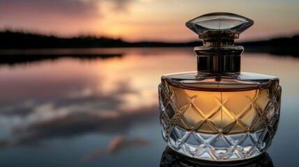 Naklejka premium Golden Perfume Bottle Sunset Lake Reflection Luxury Fragrance