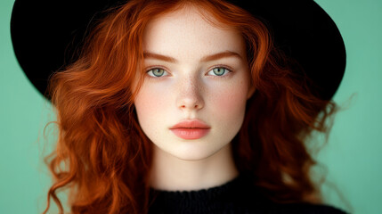 Fototapeta premium Captivating Redhead Woman in Black Hat Against Green Background
