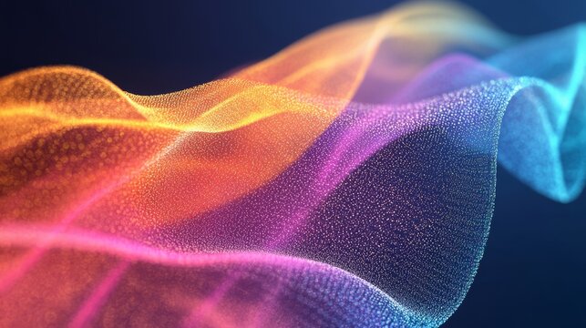 A detailed image of an iridescent surface with parallel lines forming wave-like patterns in purple, yellow, and orange gradients, suitable for a modern design background