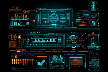 Futuristic interface with data visualization, monitoring systems, and virtual world. Potential use Stock photo for technology, innovation, and design