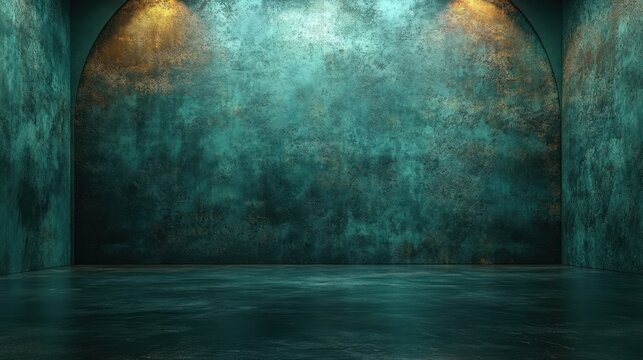 Dark teal textured wall interior room with arched alcoves and reflective floor.