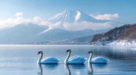 Three White Swans on a Tranquil Lake with a Snowy Mountain Background